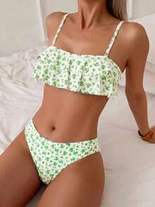 Swim Mod 花卉荷葉邊可愛甜美復古休閒度假海灘海邊女款泳衣套裝 - 彩色 - 查看 5