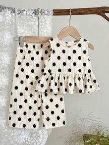 SHEIN LMoss Kids 女婴波点印花荷叶边圆领背心和裤子休闲套装 - 黑與白 - 查看 6