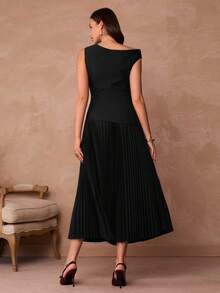 Enchnt Damen Einfarbiges Asymmetrisches Schulter Plissee Saum Elegantes Kleid - Schwarz - Übersicht 9