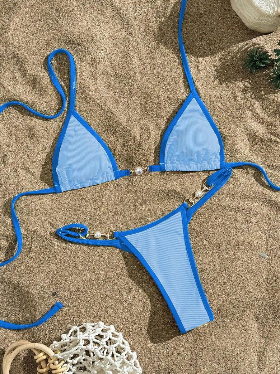 Swim Vcay Swimsuits For Woman Summer Beach Rib Binding Trim Halter Micro Triangle Bikini Blue Bikini Set Vacation Bikini Set Blue Bathing Suits - Blue - View 1
