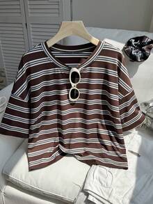 Comfortcana Áo thun ngắn tay casual size lớn thêu hoa 3D, giặt mài, xuân/hè - màu nâu - Xem 1