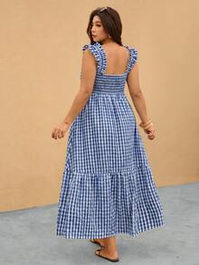 Elaquor Vestido largo a cuadros de talla grande con mangas volantes - Azul Marino - Ver 2