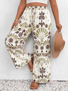 SHEIN Frenchy Plus Size Women's Printed Drawstring Waist Wide Leg Pants - Multicolor - View 1
