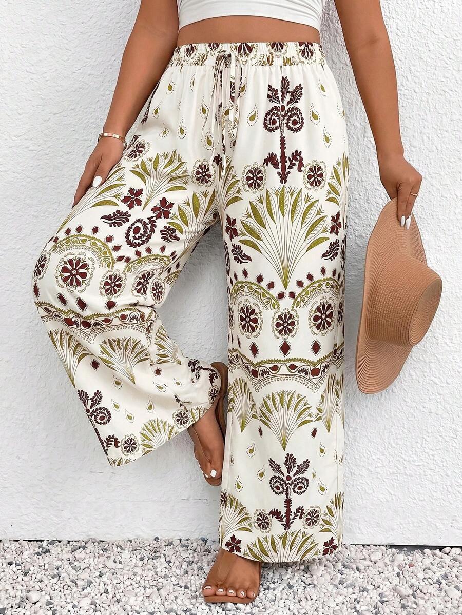 SHEIN Frenchy Plus Size Women's Printed Drawstring Waist Wide Leg Pants - Multicolor - View 1