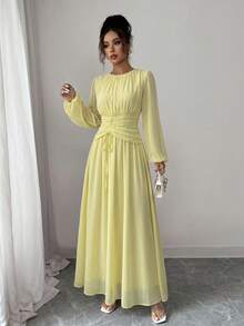 Modelyn Women's Summer Chiffon Butterfly Print Ruched Round Neck Long Sleeve Dress - Light Yellow - View 4