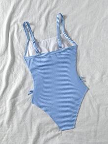 SHEIN Tween Girl Blue & White Striped Print Ruched Bust One-Piece Swimsuit - Blue and White - View 2