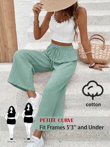 SHEIN PETITE CURVE 大码女式纯色抽绳腰休闲百搭日常裤 - 橄欖綠 - 查看 2