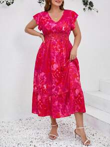 SHEIN Clasi 大码女式碎花荷叶袖系带优雅连衣裙 - 玫紅色 - 查看 6