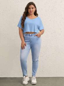 SHEIN BASICS 大码女式休闲纯色V领短款T恤 - 藍色 - 查看 7