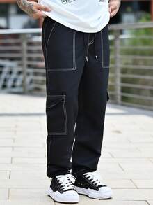 Devon Thys 1 件男士多口袋工装裤，休闲宽松长裤，适合海滩、通勤、锻炼、户外、健身、慢跑，适合春秋季 - 黑色 - 查看 4