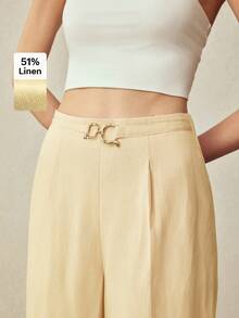 MOTF PREMIUM LINEN MINIMALIST ELEGANT DECORATIVE BUTTON STRAIGHT LEG WIDE LEG PANTS, SPRING/SUMMER - Yellow - View 5