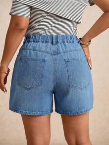 Elaquor Plus Size Summer Casual Slant Pocket Denim Shorts Set Beach Formal Sky Blue Navy Blue - Blue - View 4