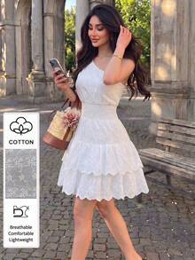 Modelyn French Design Eyelet Embroidery Asymmetrical Shoulder Cake Short Dress - White - View 5