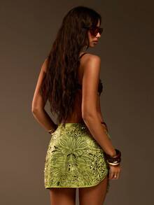 Athîral Resort Women's Sequin Design Side Tie Wrap Top & Mini Skirt Set Cover Ups For Swimwear - Green - View 2