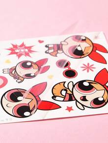 THE POWERPUFF GIRLS X SHEIN 卡通超级英雄女孩临时纹身贴纸套装，4张可爱角色假纹身贴纸，防水可移除纹身贴纸包，适合派对礼品 - 彩色 - 查看 6