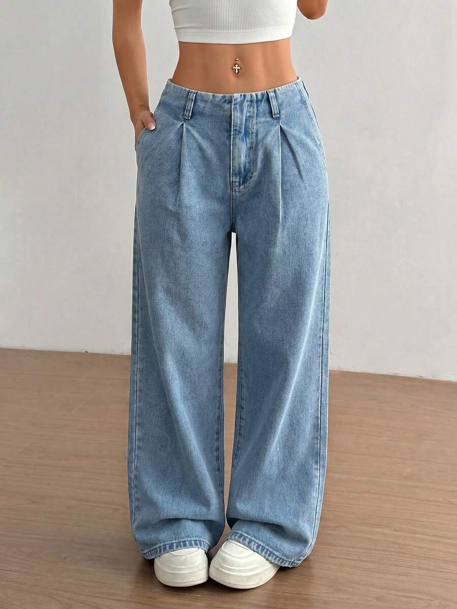 EMERY ROSE Women's Casual Everyday Washed Fold-Over Pleated Wide Leg Jeans - Blue - View 1
