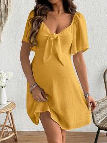 SHEIN Maternity Short Sleeve A-Line Midi Dress, Pullover Ruffle Sleeve Half Open Collar Dress - Yellow - View 3