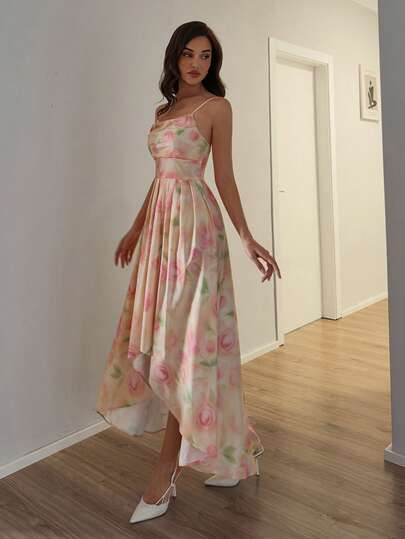 SHEIN Allurite #SHEIN Alluite## Elegant Lady-Like High-End Elegant Asymmetrical Flared Waist Slimming Strap Floral Print Flared Dress, Suitable For Dates, Parties