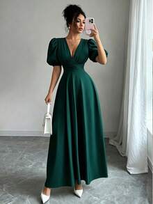 Elenzga Đầm nữ cổ chữ V xếp ly màu trơn, thích hợp cho tiệc tùng và du lịch. - Màu xanh lá cây đậm - Xem 6