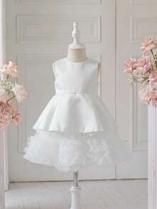 Glamorique Kids 女嬰白色優雅花童禮服，緞面柔軟薄紗泡泡袖無袖夏季洋裝，附可拆式蝴蝶結背部，適合婚禮、畢業典禮、派對 - 米色 - 查看 4