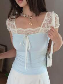 Joudiya 春夏花卉 2合1鏤空蕾絲拼接藍色上衣 情人節婚禮宴會舞會晚禮服 時尚派對修身優雅通勤短袖女款T恤 - 薄荷藍 - 查看 10