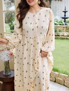 Al Najma Casual Minimalist Ditsy Floral Round Neck Lantern Sleeve Loose Regular Plus Size Women Arabic Wedding Guest Boho Apricot Maxi Dress - Apricot - View 3