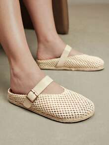 Solecia Women's Spring And Summer Hollow Woven Mesh Square Buckle Design Woven Hemming Flat Bottom Breathable Light And Comfortable Apricot Women's Casual Shoes Suitable For Travel, Vacation And Travel - Apricot - View 5