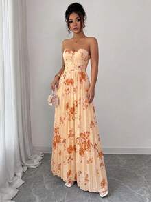 Elenzga Elegant Romantic Ruched A-Line Floral Print Sleeveless Dress For Women - Multicolor - View 4