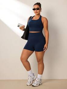 SHEIN Rhythm Era Plus Size Women Summer Minimalist Navy Seamless Halter Top And High Waist Shorts Sports Set - Navy Blue - View 6