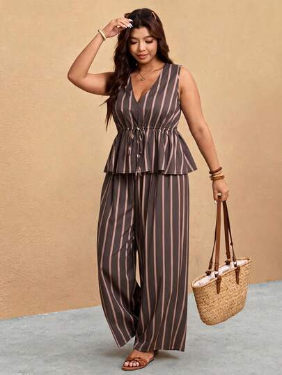 Elaquor Plus Size Casual Vacation Striped Sleeveless A-Line Shirt And Straight Leg Casual Pants 2 Pieces Set 2 Pieces Set Brunch Outfits For Women 2 Pieces Business Casual Women Outfits Plus Size
