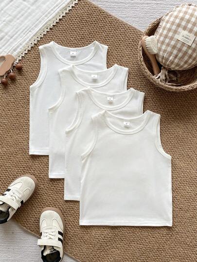 PrepCrw Bộ 4 áo tank top trắng thoải mái, tối giản dành cho trẻ em và thanh thiếu niên, mua 3 tặng 1, thích hợp mặc hàng ngày, mùa xuân và mùa hè.