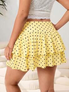 Solflare Plus Size Yellow Polka Dot Summer Cute Vacation Holiday Printed Elastic Knit Casual Dress,Layered Ruffle Hem With Built-In Shorts Lining For Women - Yellow - View 2