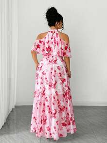 Elenzga Plus Size Women's Off-Shoulder Ruffle Hem A-Line Elegant Romantic Dress, Suitable For Valentine's Day - Multicolor - View 2