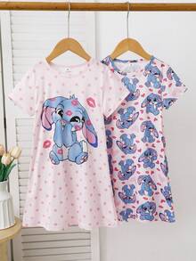Genkimix Kids 2件組女童幼童可愛兔子印花短袖睡袍家居服 - 粉色 - 查看 1