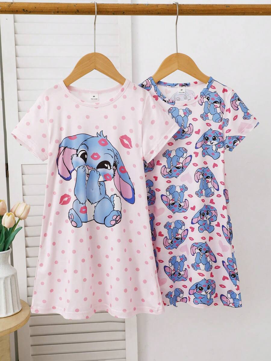 Genkimix Kids 2件組女童幼童可愛兔子印花短袖睡袍家居服 - 粉色 - 查看 1