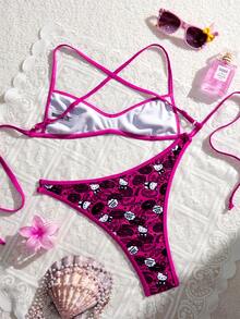 Swim Mod HELLO KITTY AND FRIENDS | SHEIN 女士卡通印花泳衣套装，适合海滩度假 - 彩色 - 查看 2