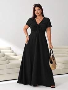Solflare Vestido casual de verano de manga corta con cuello en V y fruncido, talla grande, color negro - Negro - Ver 8