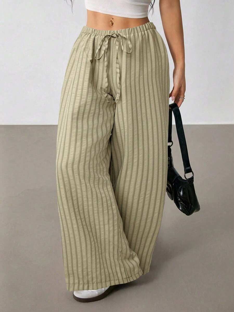 SHEIN PETITE Pantalones sueltos de cintura elástica a rayas casuales para mujeres, mujeres de talla pequeña - verde menta - Ver 1