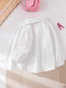 SHEIN LMoss Kids 女嬰白色紋理寬鬆版型領口長袖襯衫，返校季 - 白色 - 查看 3