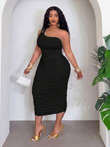 Slaydiva Women's Plus Size Elegant Black Summer Mid-Length Dress Formal Party Cocktail Date Night Evening Out Club Body-Hugging Side-Pleated Backless - Black - View 4