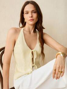 CielaLinda Women's Linen Tie-Front Bow Halter Backless Top, Solid Color Summer Cami Top - Light Yellow - View 6