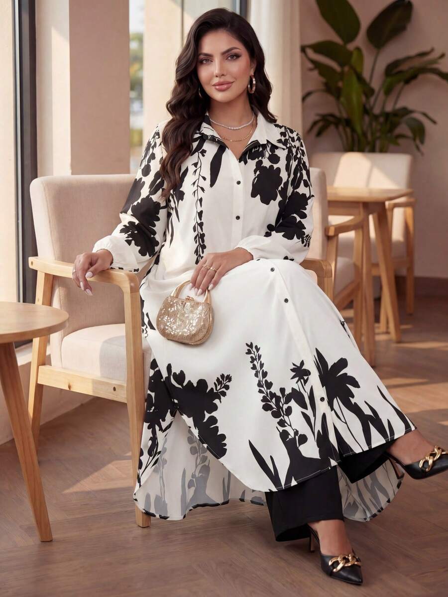 Auveirra Plus Size Women's Spring/Autumn Casual Vacation Style Floral Print Lantern Sleeve Curved Hem Extra Long Shirt And Wide Leg Loose Pants 2 Elegant - Multicolor - View 1