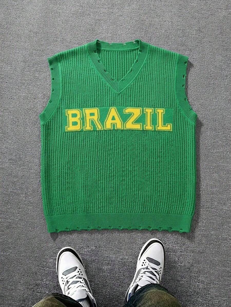 Manfinity Campus Court Áo vest dệt kim cổ chữ V thêu chữ cho nam, kiểu dáng thường ngày, thích hợp cho mùa xuân/hè. - Nhiều màu - Xem 1