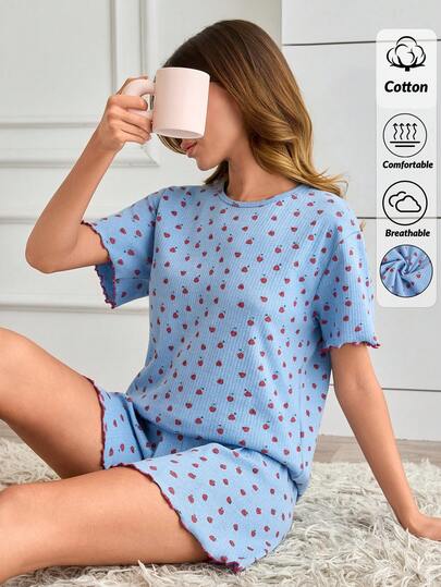 SHEIN Cotton Rib Knitted BLUE With Strawberry Patterned Contrast Colour Stitch Detailed Round Neck Short Sleeved Top&Shorts Homewear Comfort Women 2 Pcs Casual Pajama Set For Ladies