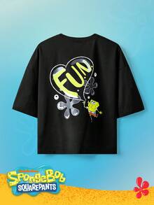 SpongeBob SquarePants | SHEIN TOKVUE 男士休闲日常通勤趣味卡通字母印花落肩宽松T恤，夏季 - 黑色 - 查看 1