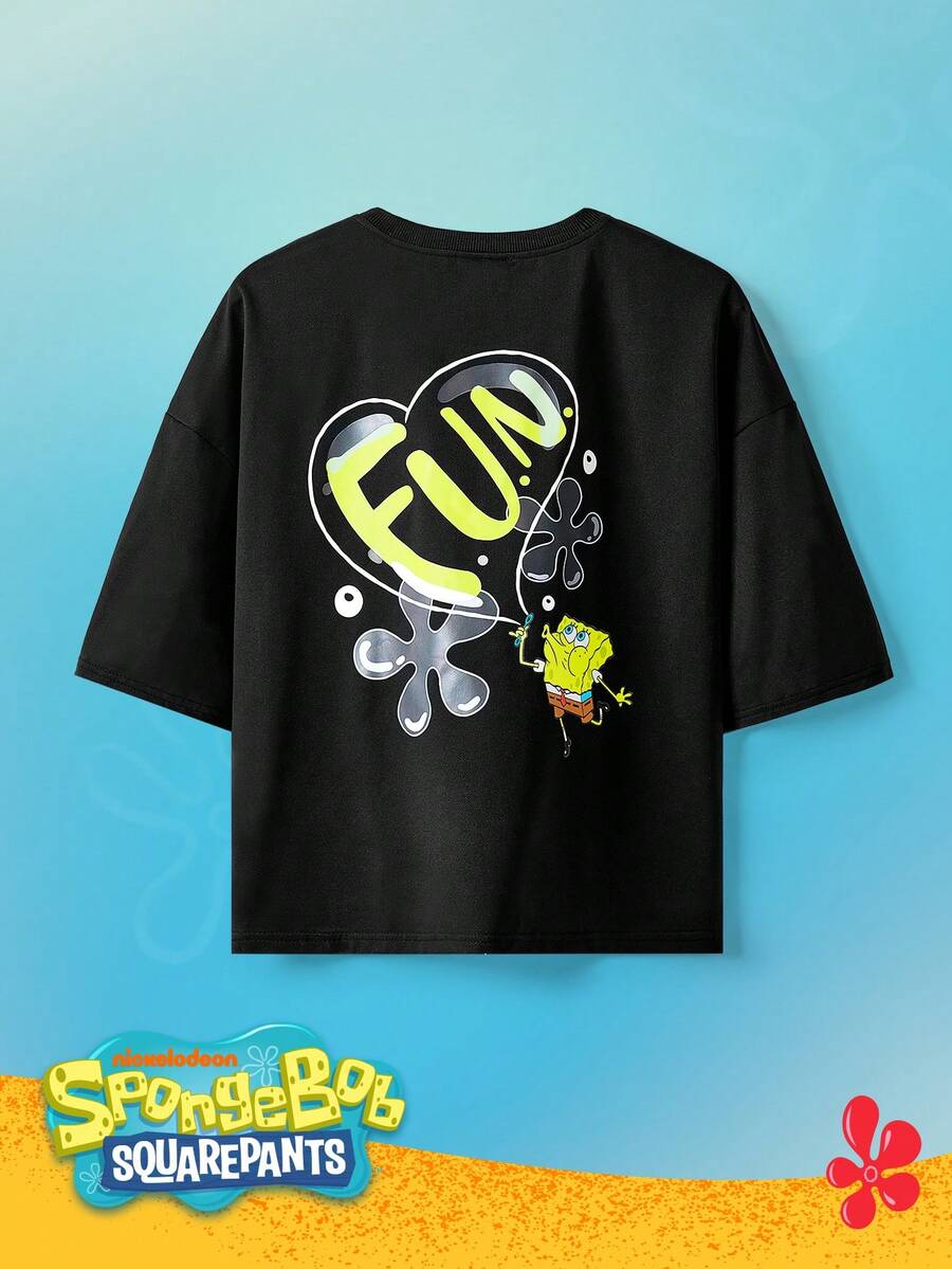 SpongeBob SquarePants | SHEIN TOKVUE 男士休闲日常通勤趣味卡通字母印花落肩宽松T恤,夏季 - 黑色 - 查看 1