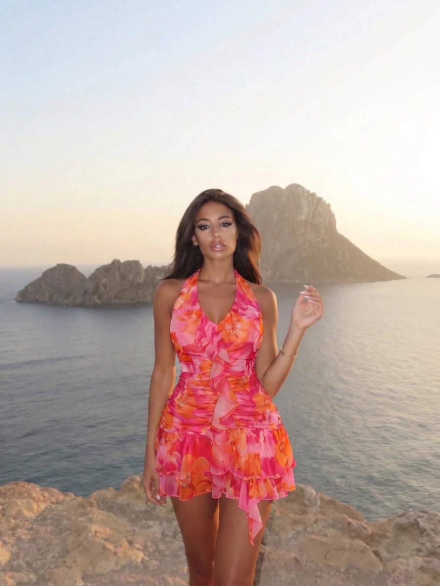 Ronhire 女士优雅性感短款连衣裙，V领设计，适合夏季海滩度假
