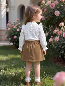 SHEIN Vintaside Kids Ensemble Chemisier Petite Fille Avec Jupe Courte Et Ceinture, Tenue Simple Et Élégante Pour Les Saisons De Printemps Et D'automne - Multicolore - Voir 12