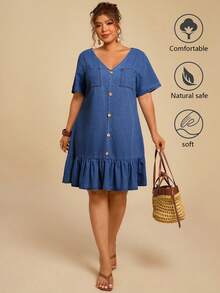 Travachic Plus Size Women's Denim Dress With Button, Dual Pockets And Ruffle Hem Dresses For Women Summer - Medium Wash - View 2