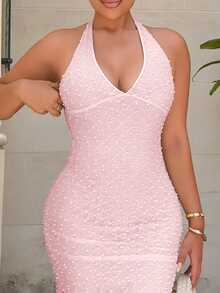 Maria Perezxox Elegant Romantic V-Neck Sleeveless Textured Bodycon Maxi Dress, Suitable For Date Nights, Spring/Summer,Summer Dresses For Women Party - Baby Pink - View 3